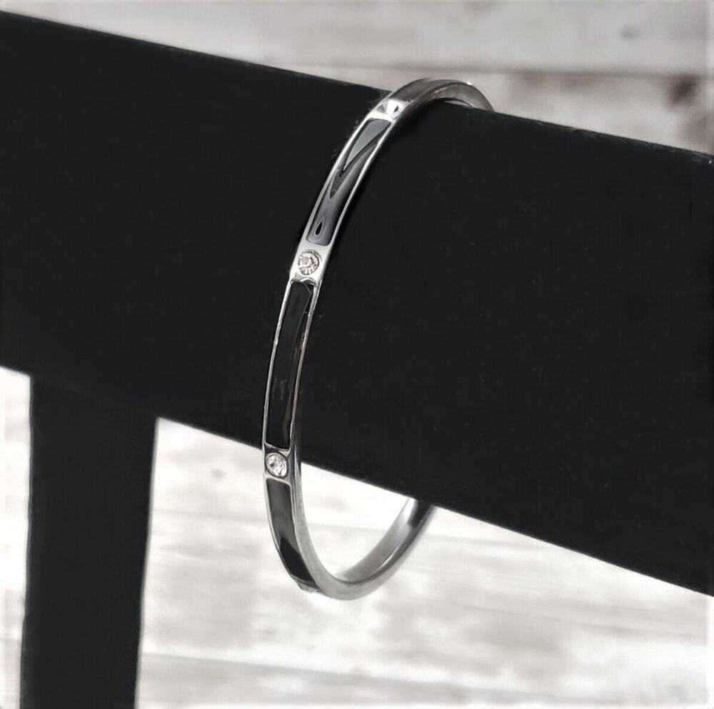 Vintage Bracelet / Bangle - Black Enamel & Clear Gem